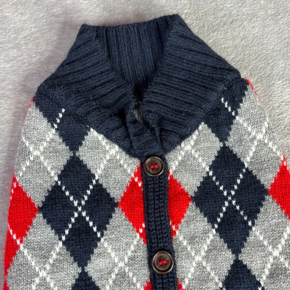 Argyle Pet Sweater Medium Red Grey Blue Button‎ Front Shawl Collar Dog Outfit
